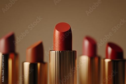 Elegant Display of Lipsticks With Rich Shades and Golden Packaging in Soft Li...