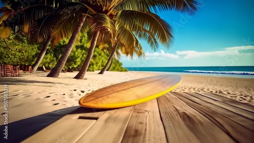 Wooden surfboard rests on planks overlooking sunny tropical beach with turquoise sea and palm trees