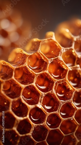 Close-up View of Honeycomb With Golden Honey Glistening in Sunlight