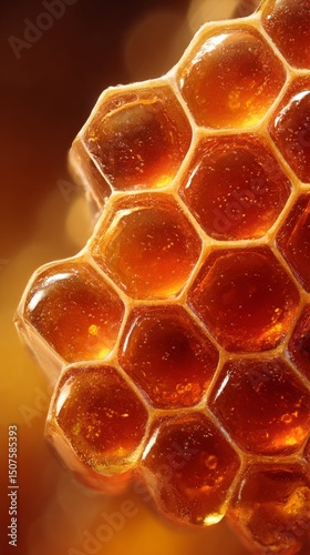 Close-up View of Honeycomb With Golden Honey Glistening in Sunlight
