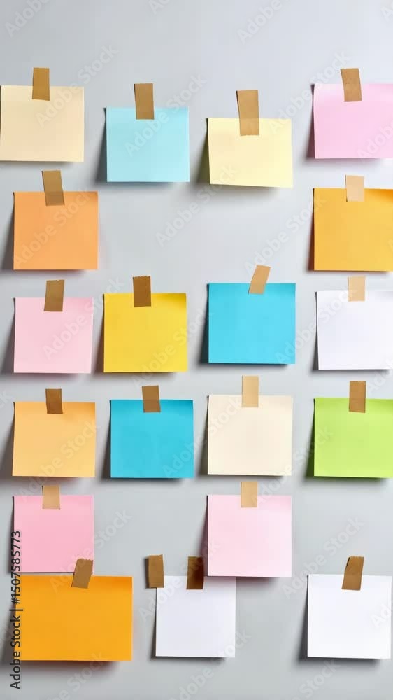 Colorful sticky notes attached with tape on gray wall, square memos with pastel colors arranged in a pattern for brainstorming ideas.