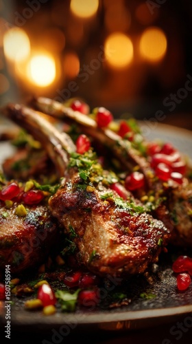 Grilled Lamb Chops Garnished With Pomegranate Seeds and Herbs at a Festive Ta...