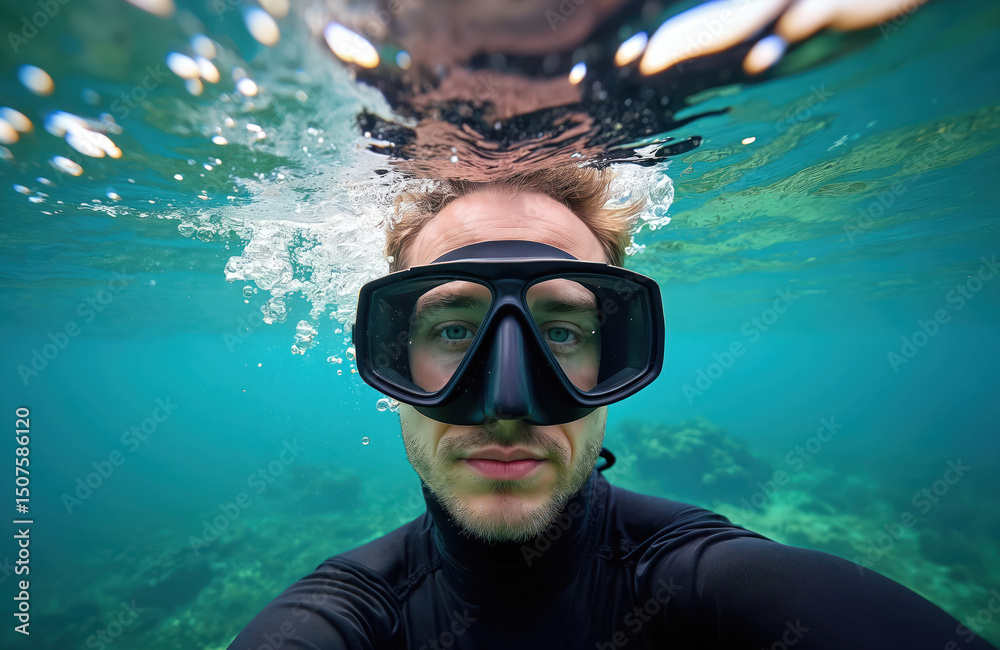 Naklejka premium Man with scuba diving mask underwater. Focus on the face, selfie shot. Underwater world marine life. Snorkeling sea adventure, vacation. Clear water. Healthy lifestyle.