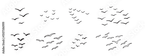 Birds flying line in the sky set. Ink grunge flock of birds afar brush hand drawn. markers and crayons