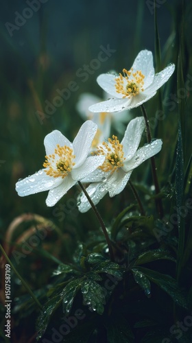 Beautiful White Flowers With Yellow Centers Blooming in a Green Garden During...