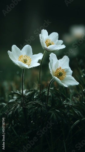 Three Delicate White Flowers Bloom Beside Lush Green Foliage in a Serene Gard...