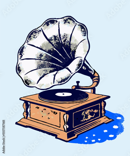 Vintage Gramophone Illustration: Antique Phonograph with Horn