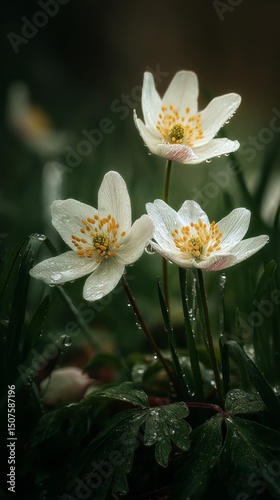 Three Delicate White Flowers Bloom Beside Lush Green Foliage in a Serene Gard...
