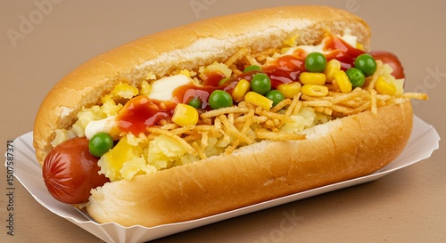 Cachorro Quente Brazilian hot dog abundant toppings close up