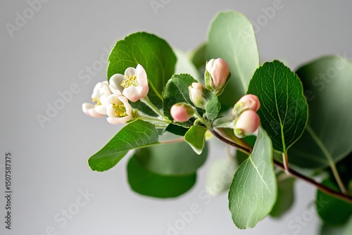 Delicate Flowering Branch With Green Leaves Captured in Close-Up During Early...