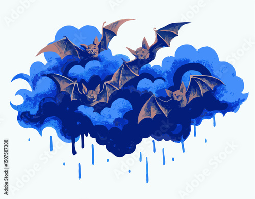 Bats in a Blue Cloud, Halloween Illustration
