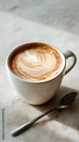 Warm Cup of Coffee With Latte Art on a Marble Surface in Bright Morning Light
