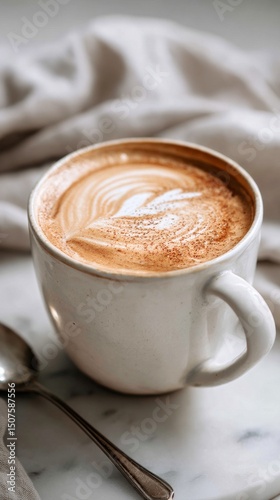 Warm Cup of Coffee With Latte Art on a Marble Surface in Bright Morning Light