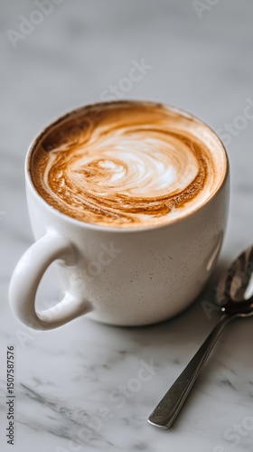 Sip of Creamy Latte Art in a Modern Cafe With Afternoon Sunlight Streaming Th...