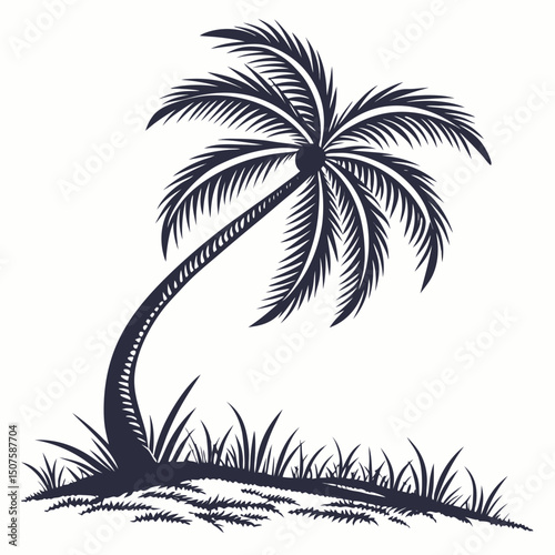 Single palm tree silhouette with curved trunk