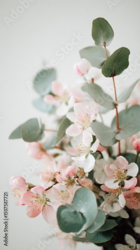 Delicate Blossoms and Greenery Create a Serene Atmosphere in a Soft Light Set...
