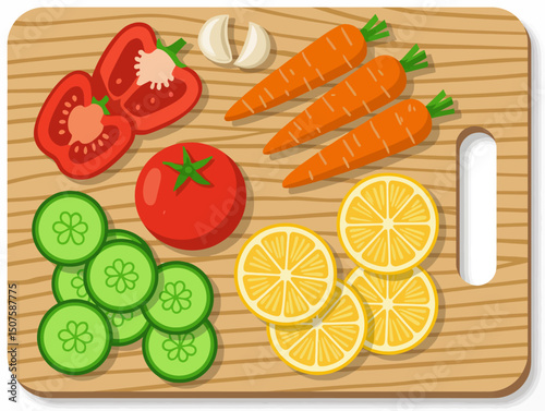 Colorful illustration of various fresh vegetables, including tomatoes, cucumbers, carrots, and lemons, on a wooden cutting board. Vector illustration