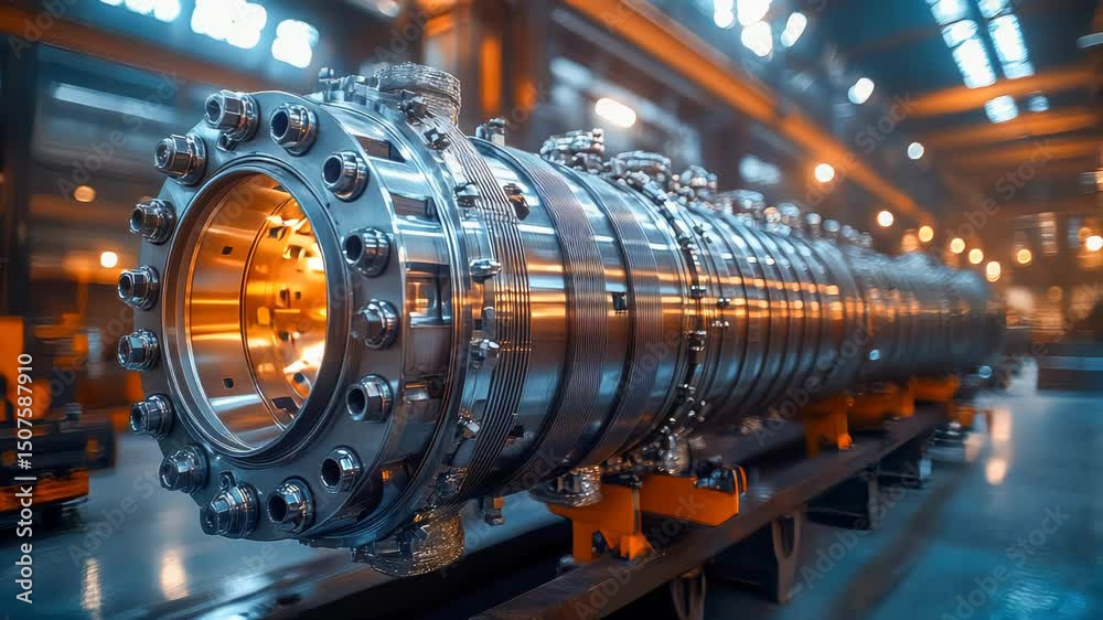 Industrial shell and tube heat exchanger in a modern facility, glowing with warm orange lights, detailed metallic surfaces, and futuristic atmosphere