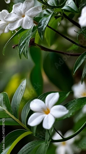 White star jasmine flowers and glossy leaves with rain drops in soft focus against blurred green background, nature photography