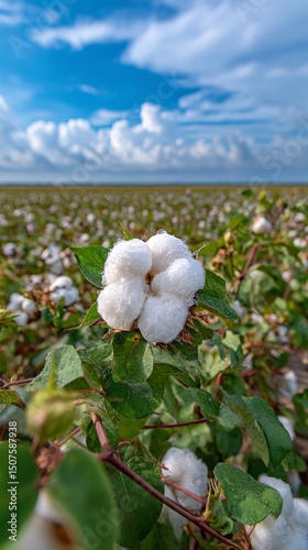 Cotton Plants Blooming in a Vast Field Under a Blue Sky in Early Afternoon Light
