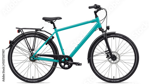 A clean, detailed studio shot of a modern turquoise bicycle, perfect for urban commuting and leisure rides. The bike features a rear rack and fenders. Vector illustration. 