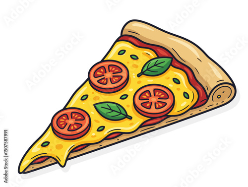 A slice of delicious pizza, adorned with fresh tomatoes and basil, ready to enjoy. Perfect for food-related projects and more. Vector illustration. 