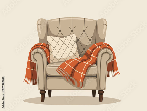 A cozy armchair with a blanket and pillow, perfect for relaxation and a comfortable living space, vector illustration.