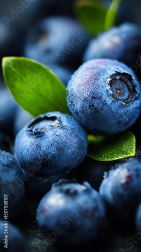 Fresh Blueberries With Green Leaves Arranged on a Dark Surface