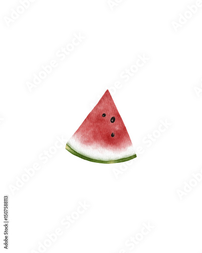 Watercolor illustration of a single watermelon slice with red flesh, black seeds, and a green rind
