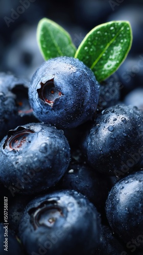 Fresh Blueberries With Droplets and Green Leaves in Close-Up Setting