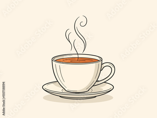 A cup of tea, steaming, sits on a saucer, with an illustration-style design in a cream color. Vector illustration