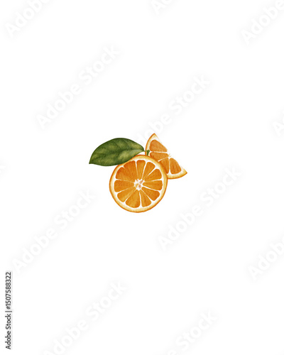 Watercolor orange slices illustration. Hand-painted citrus fruit in bright colors with green leaves. Perfect for summer designs, juice labels, kitchen art, and healthy lifestyle branding