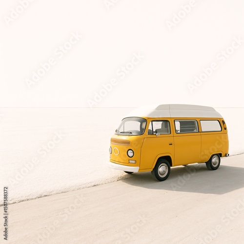 Yellow Retro Van on Salt Flats Adventure: Iconic Vintage Design for Scenic Road Trip Photography Vector