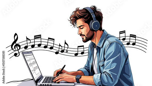 A man composes music on his laptop, wearing headphones, with musical notes in the background, artistic rendering. Vector illustration