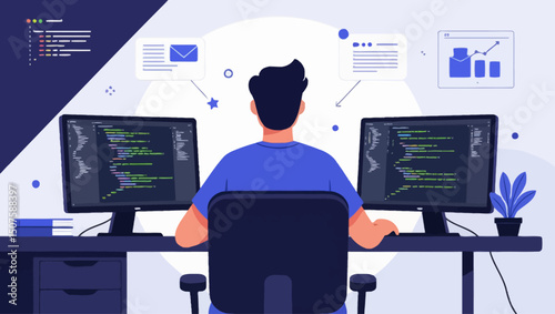 A programmer is at work, coding on two monitors. The scene features web development icons, including email, and charts, highlighting digital workplace. Vector illustration