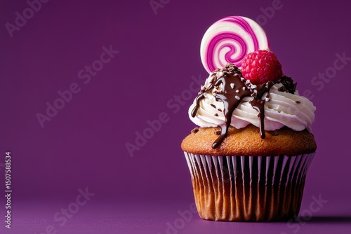 Colorful Cupcake With Raspberry Topping and Lollipop Placed on Textured Backg...
