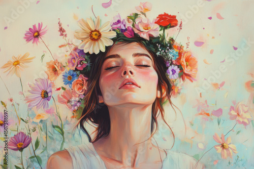 Beautiful woman wearing flower crown enjoying spring season