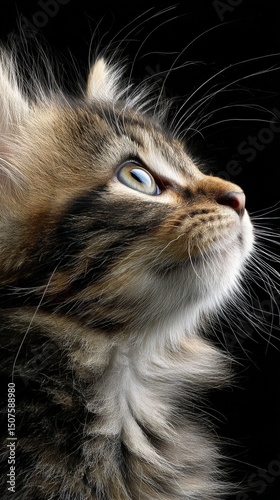 Fluffy Orange Kitten Gazing Upward With Curious Expression Against Dark Backg...