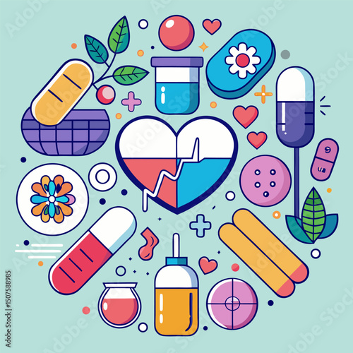There are illustrations related to the health sector and pharmacy, people, medicines and health-related icons.
