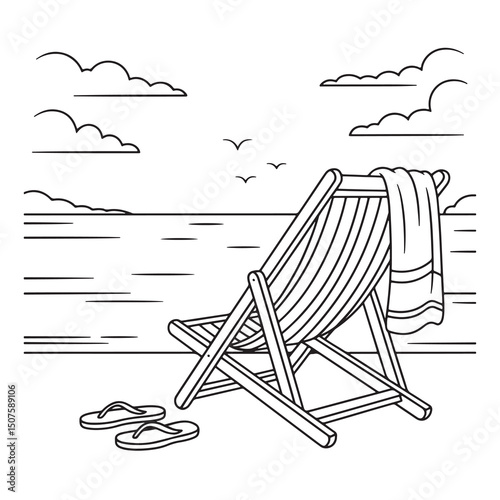 Beach Chair on Shoreline with Sea and Sunset View Line Art Illustration