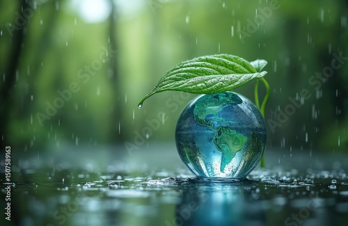 Concept of World Water Day. Transparent glass globe with continents in raindrops. Green leaf protects from rain. Eco-friendly background. Environmental protection and ecology concept.