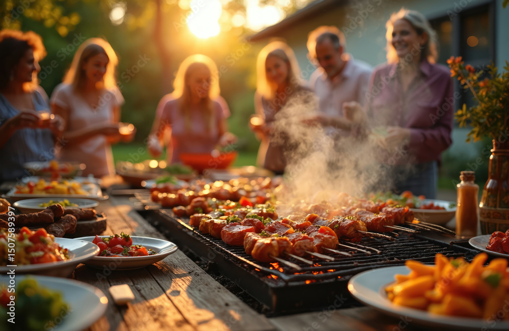 Naklejka premium Friends enjoy barbecue party in backyard on summer evening. Grilled food includes skewers. People celebrate, have fun together with drinks. Warm light, festive atmosphere create communal vibes.