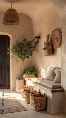 Cozy Indoor Entryway With Natural Decor and Warm Lighting in a Serene Home Se...