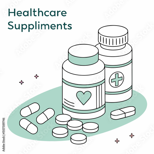 There are illustrations related to the health sector and pharmacy, people, medicines and health-related icons.