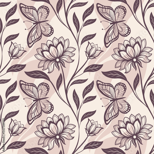 Seamless floral pattern spring pattern with insects, butterfly, flowers, plants, leaves