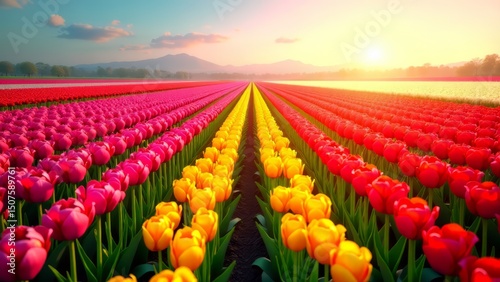 Vibrant tulip field at sunrise