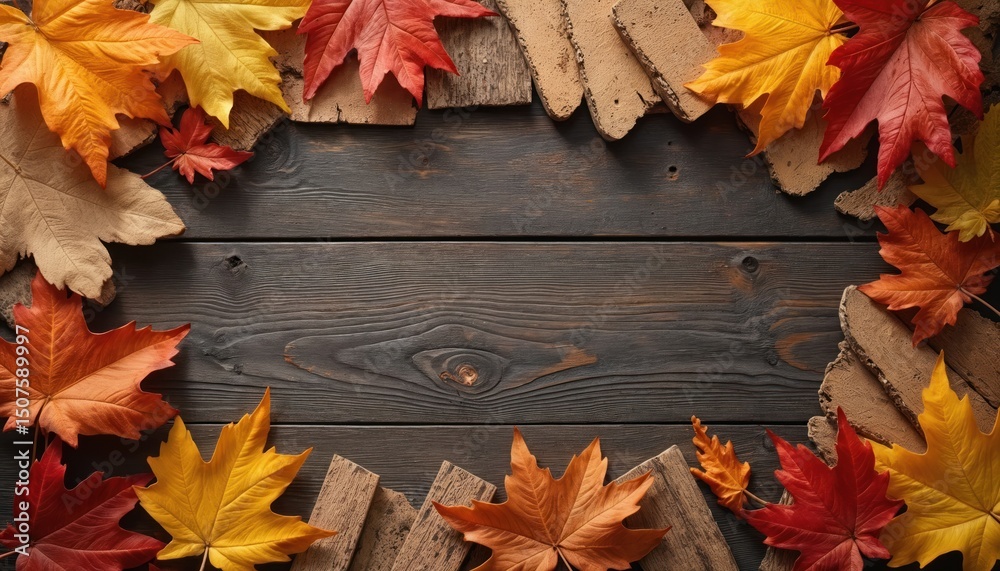 Obraz premium Autumn illustration features colorful leaves, wood samples, creating warm seasonal mood. Natural background for fall, harvest, Thanksgiving. Wooden table, vibrant tones, orange, brown, yellow, red,