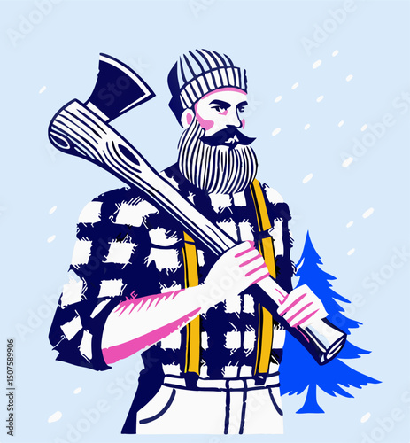 Lumberjack with Axe and Christmas Tree, Winter Illustration