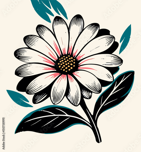 Vintage Style Daisy Flower Illustration, Black and White Floral Art