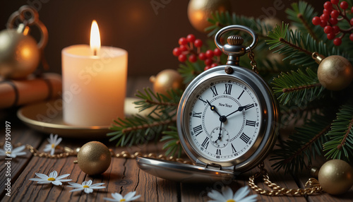 Vintage pocket watch beside candle and Christmas decorations representing Celebrating Christmas and New Year  